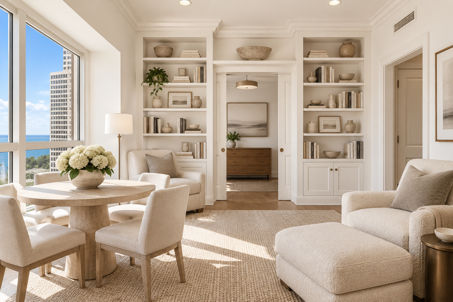 Living and dining room with built-in shelves, cream furnishings, and windows overlooking Lake Michigan.