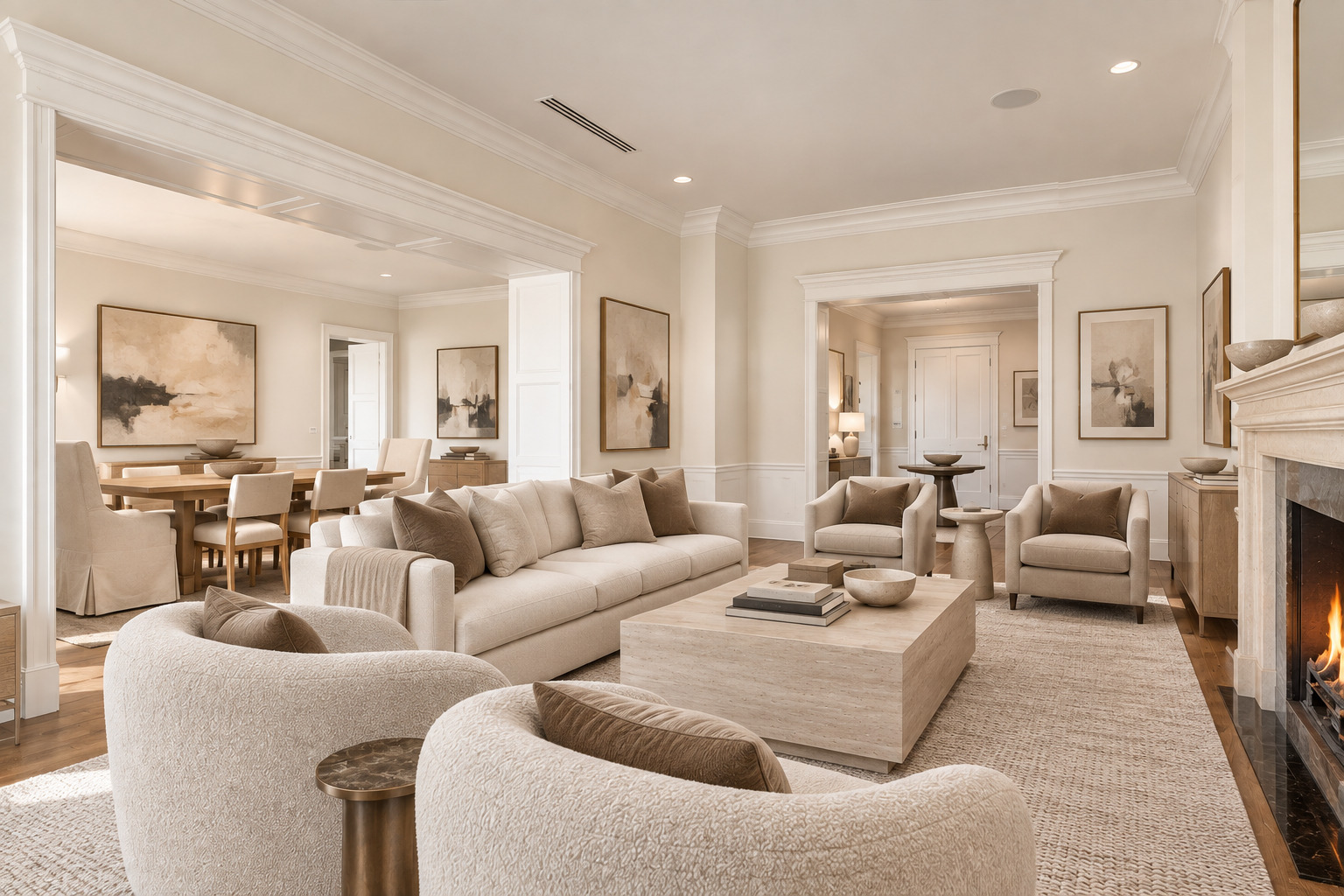 Living room with cream seating, a fireplace, and an adjoining dining area.