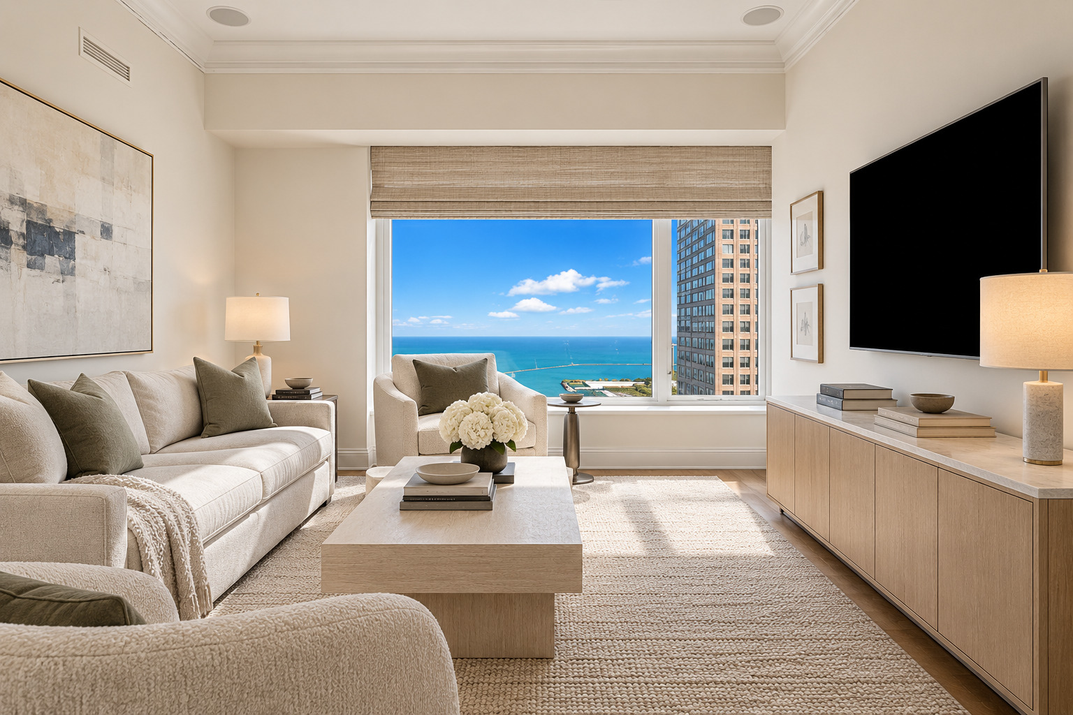 Living room with neutral furnishings and a large window overlooking Lake Michigan and a neighboring tower.