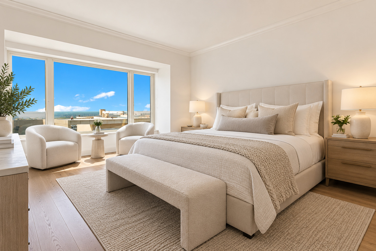 Staged bedroom with a king bed and lounge chairs beside large windows overlooking the city.