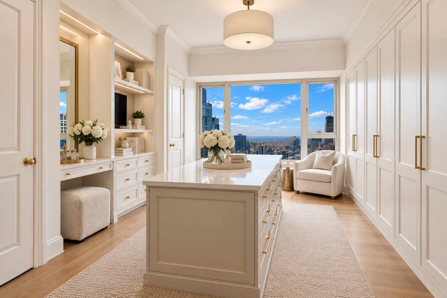 Dressing room with white built-in wardrobes, a central island, and Chicago skyline views.