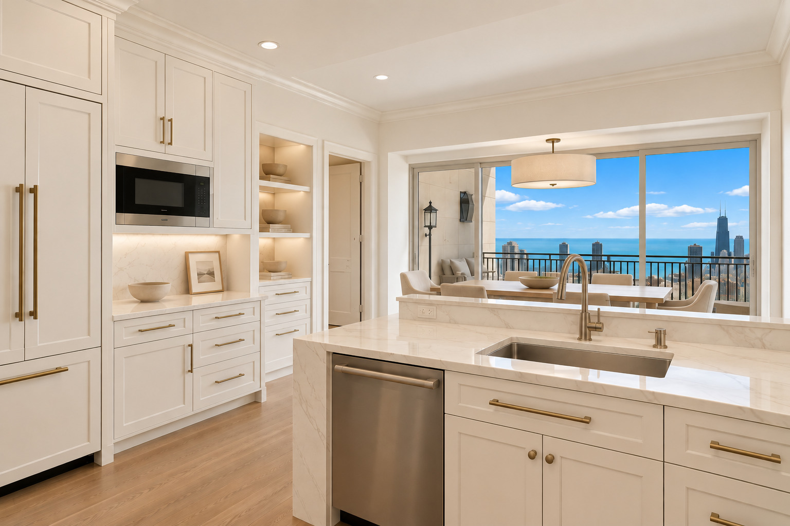 White marble kitchen with a large island and windows overlooking Lake Michigan and the Chicago skyline.