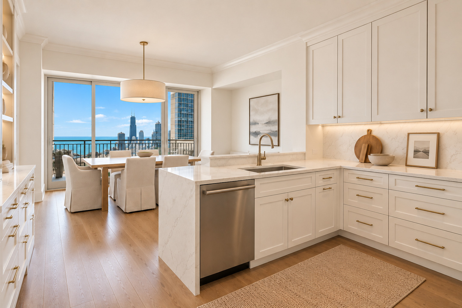 Kitchen and dining area with a marble island and views of Lake Michigan and Chicago’s skyline.