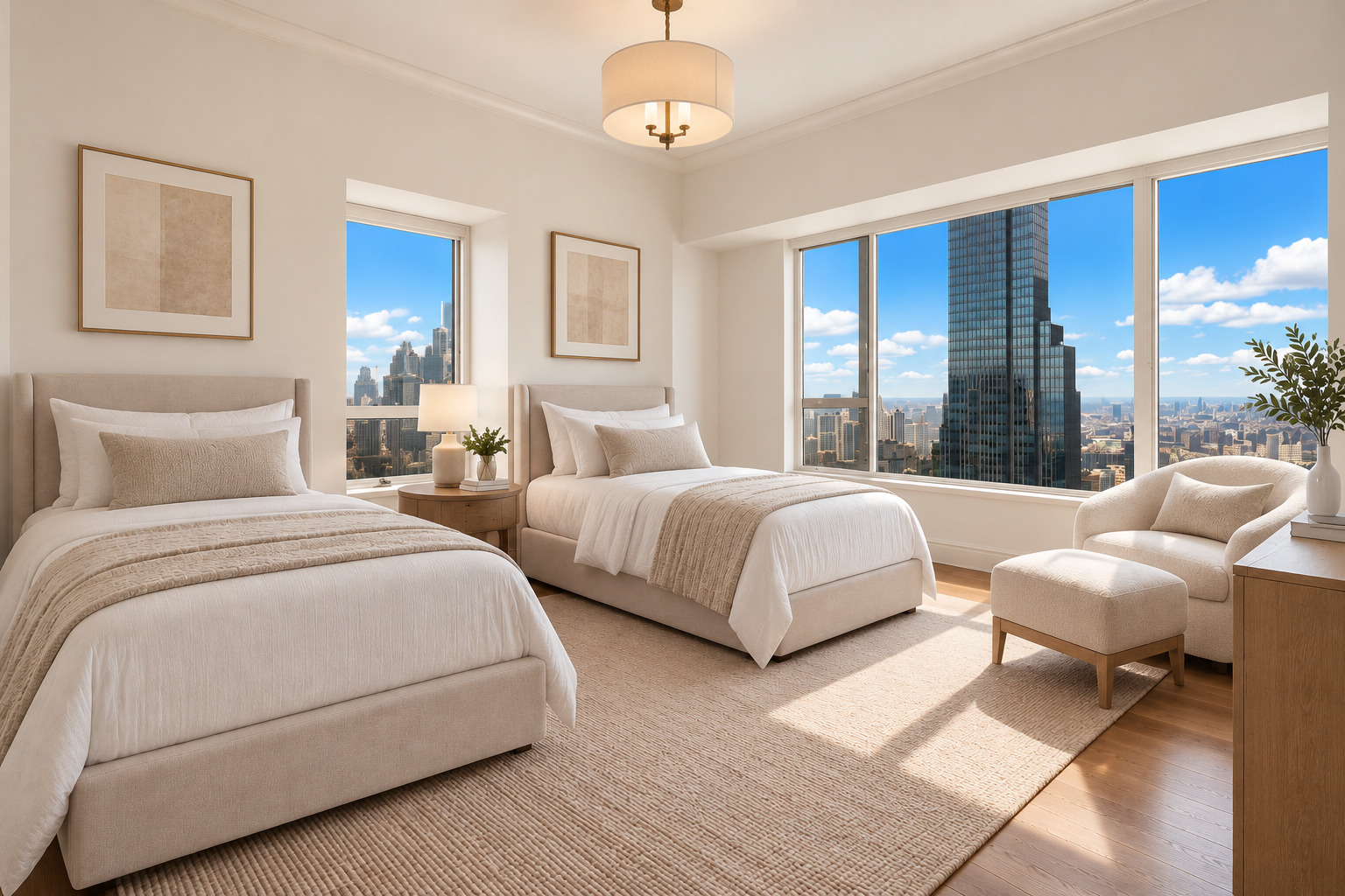 Furnished bedroom with two beds and floor-to-ceiling windows overlooking Chicago’s skyline.