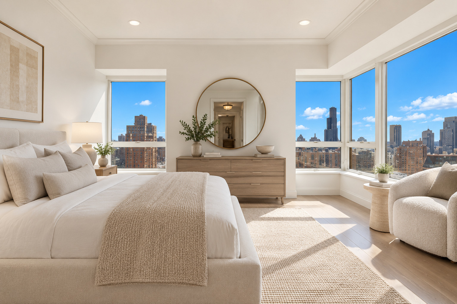 Bedroom with a king bed and corner windows overlooking the Chicago skyline.
