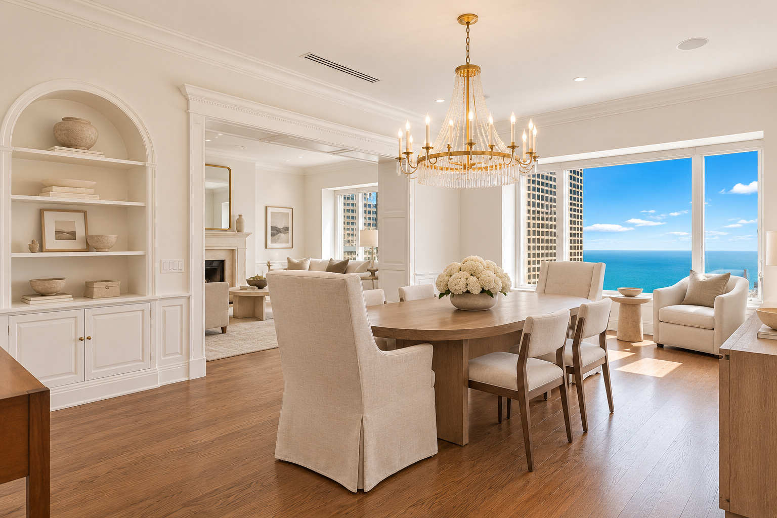 Dining room with a crystal chandelier, hardwood floors, and Lake Michigan views through expansive windows.