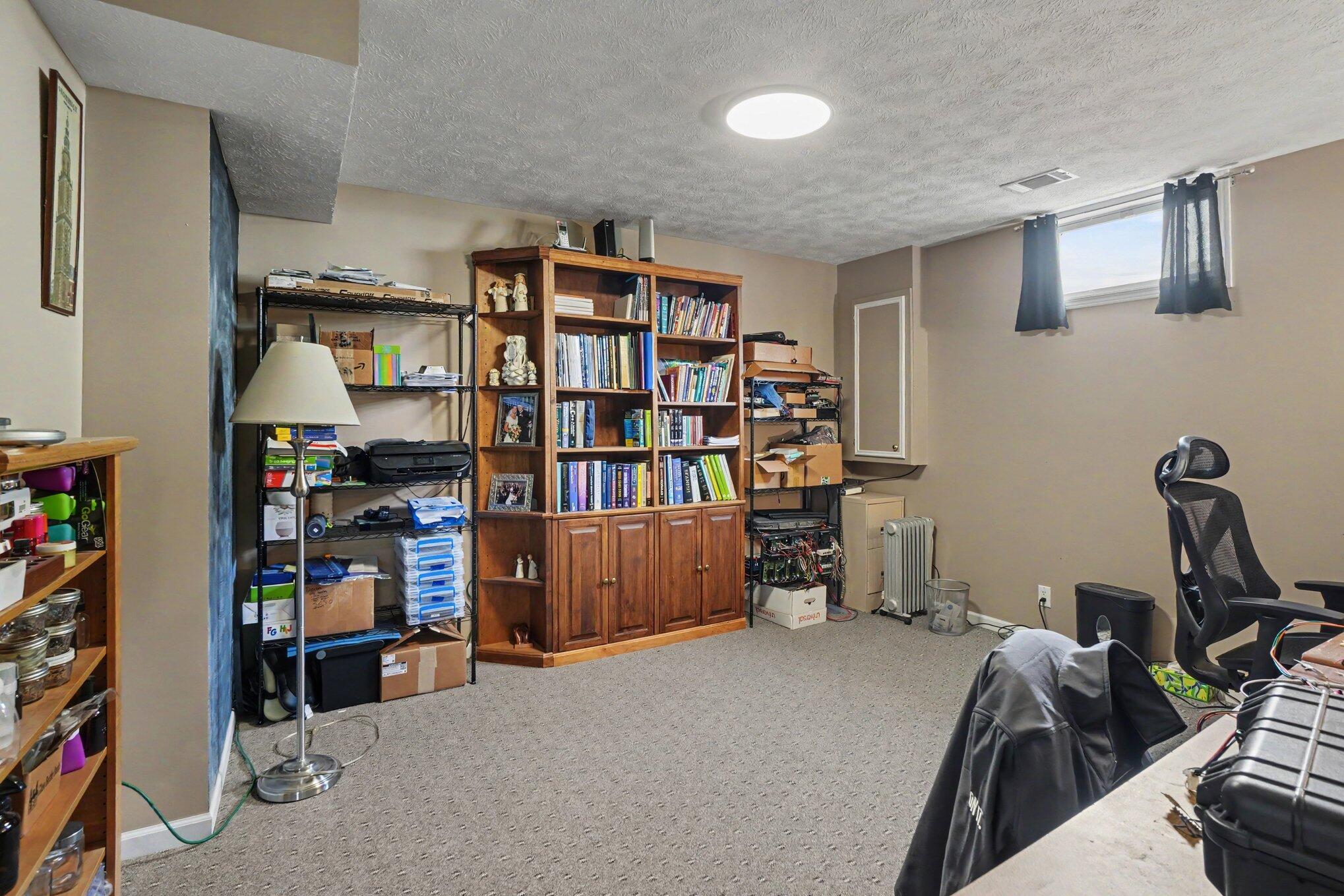 Carpeted home office with a large bookcase, storage shelves, and a desk chair.