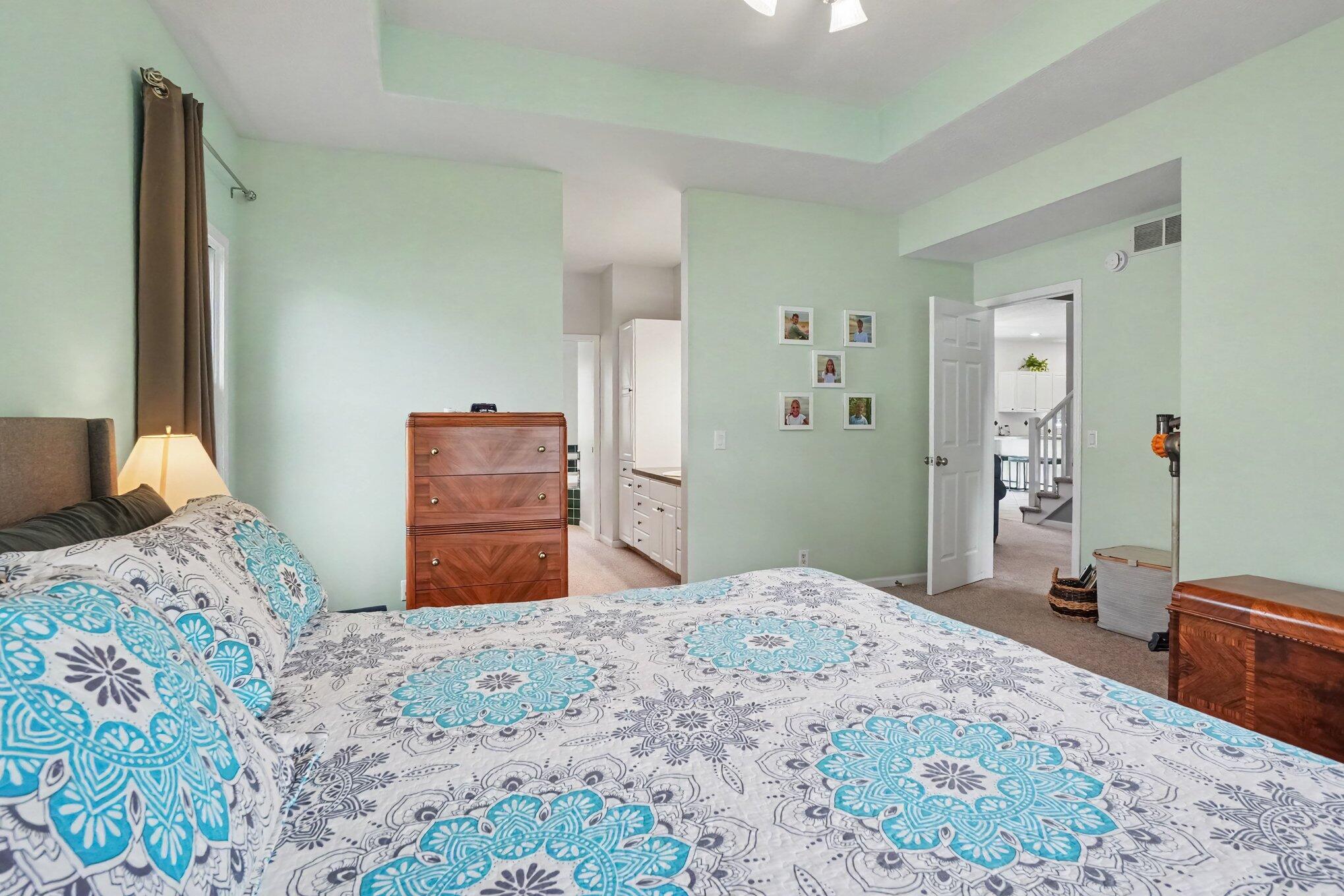 Furnished bedroom with mint-green walls, patterned turquoise bedding, and an open doorway to the bathroom.