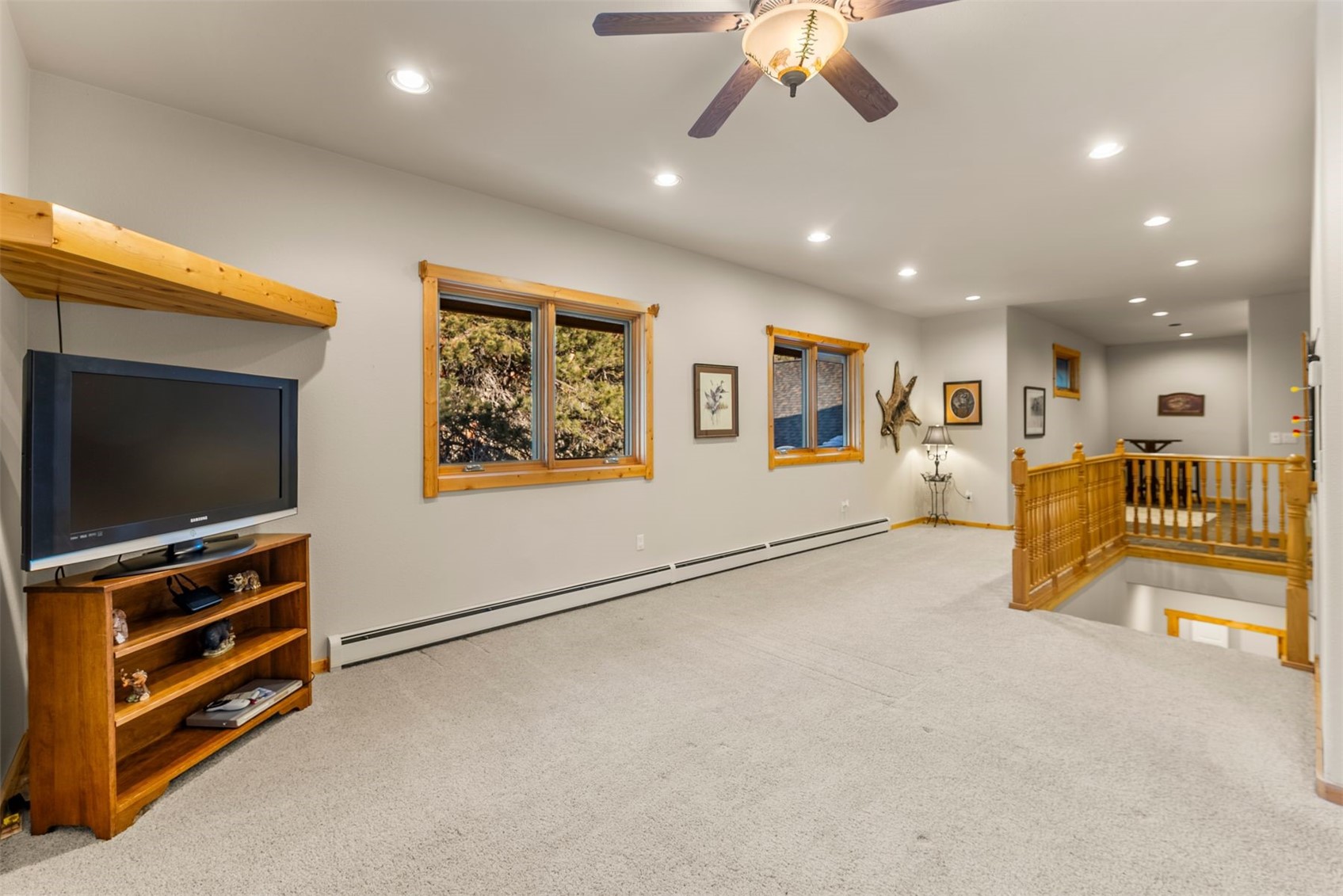 Carpeted upstairs living area with wood-trimmed windows, a television, and an open stairwell.