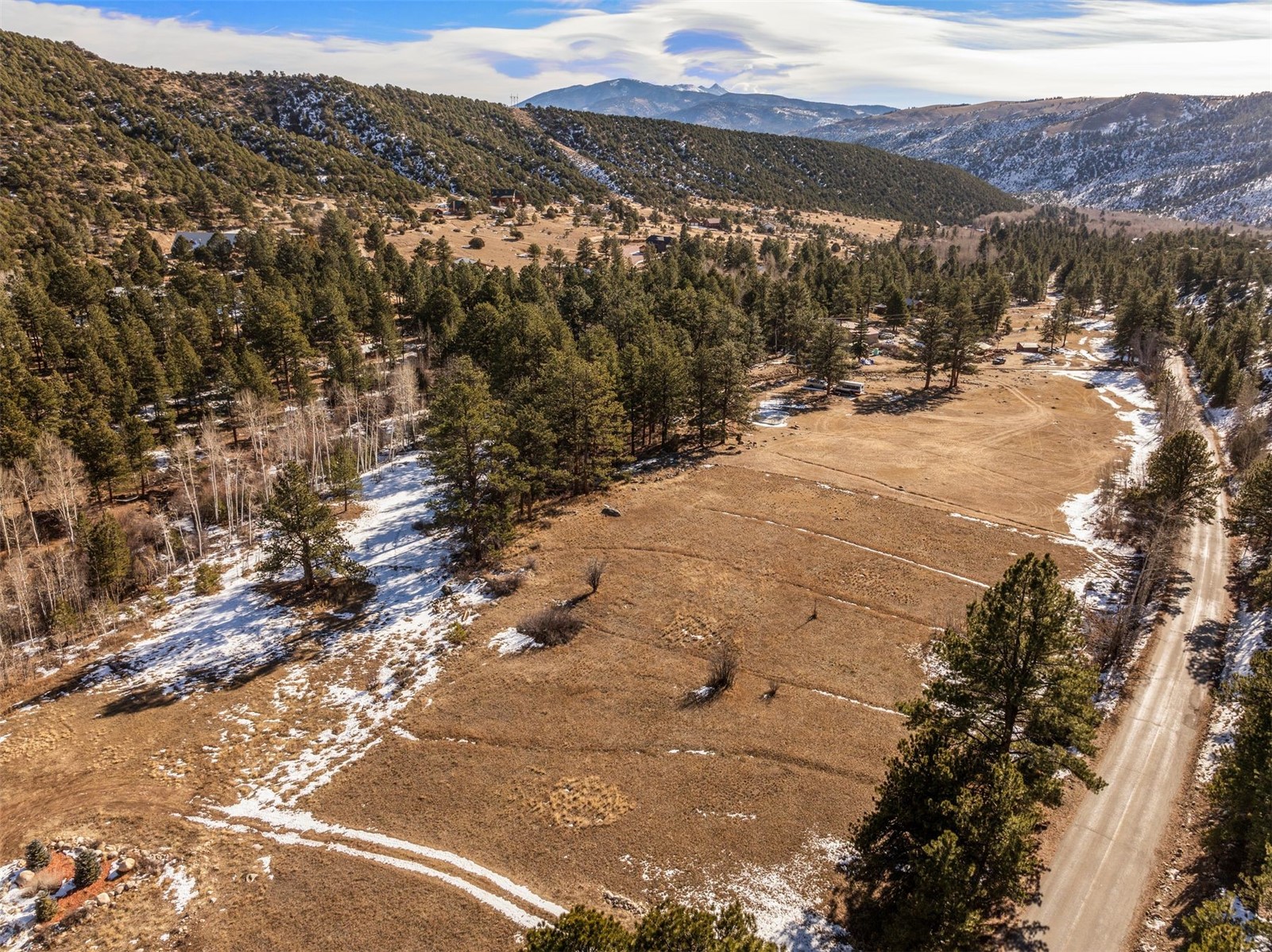 Aerial view of open acreage bordered by pine forest, with a rural road and snowy mountains beyond.