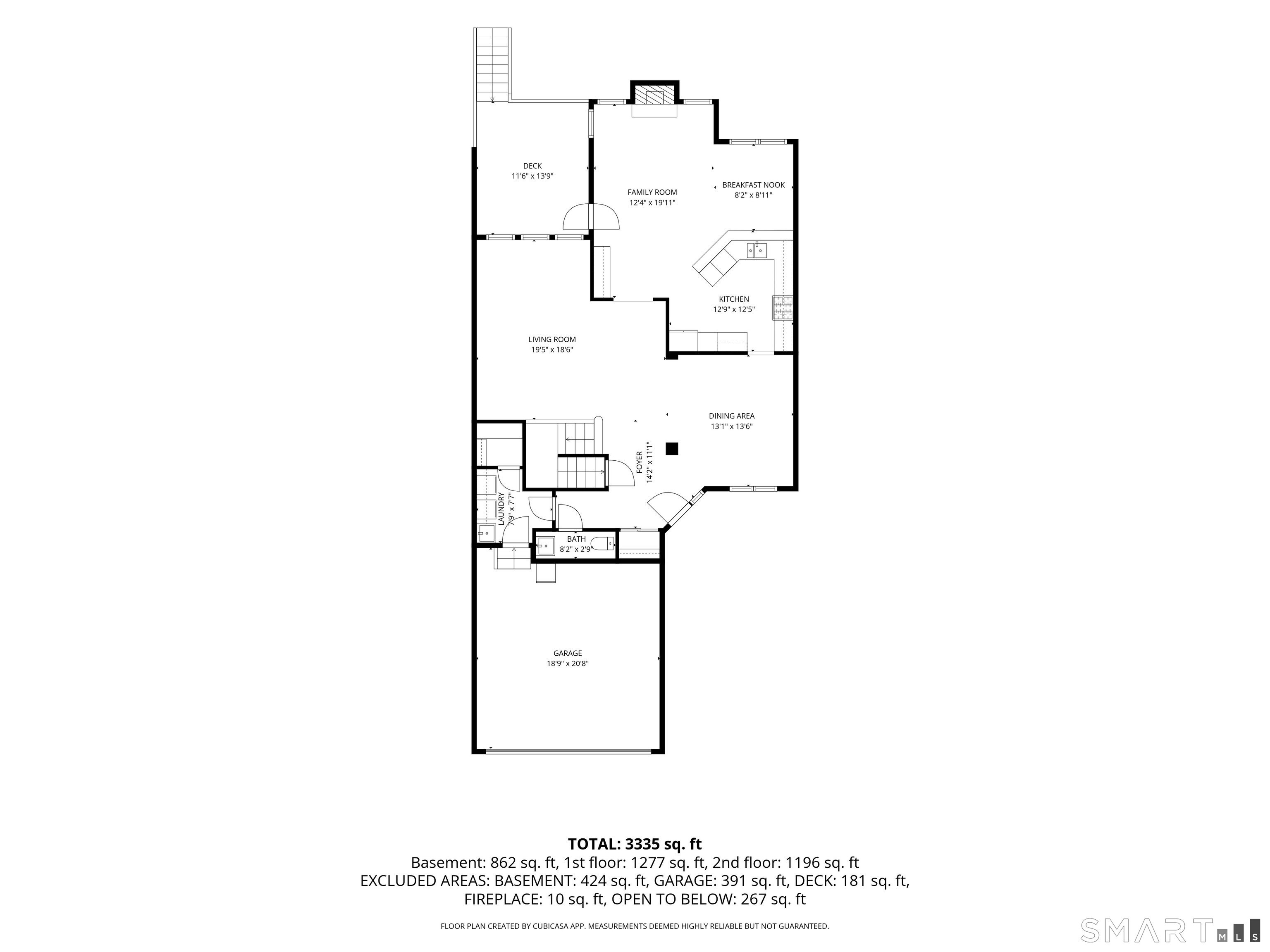 Floor plan showing the home’s living spaces, garage, deck, and listed square footage.
