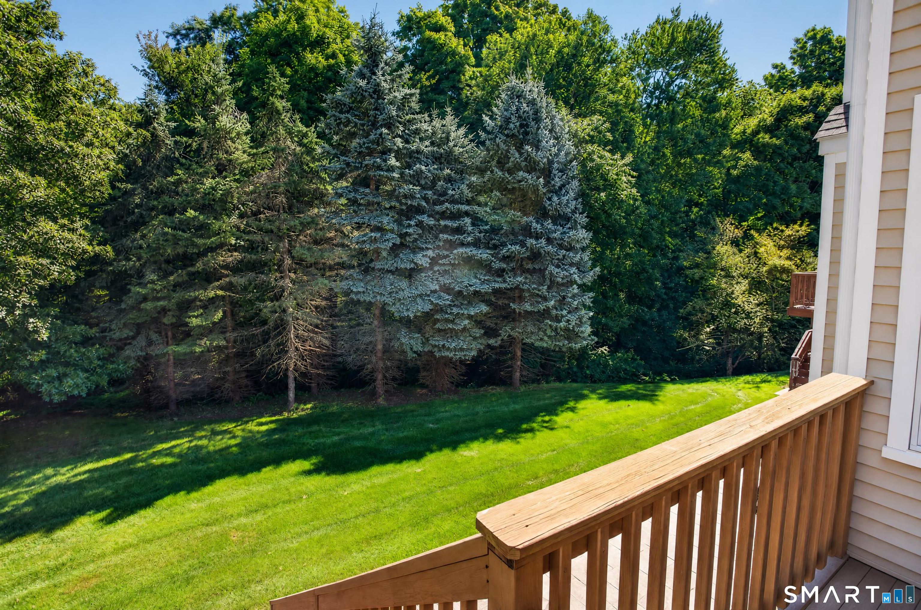 Wooden deck overlooks a sunny lawn bordered by dense evergreen and leafy trees.