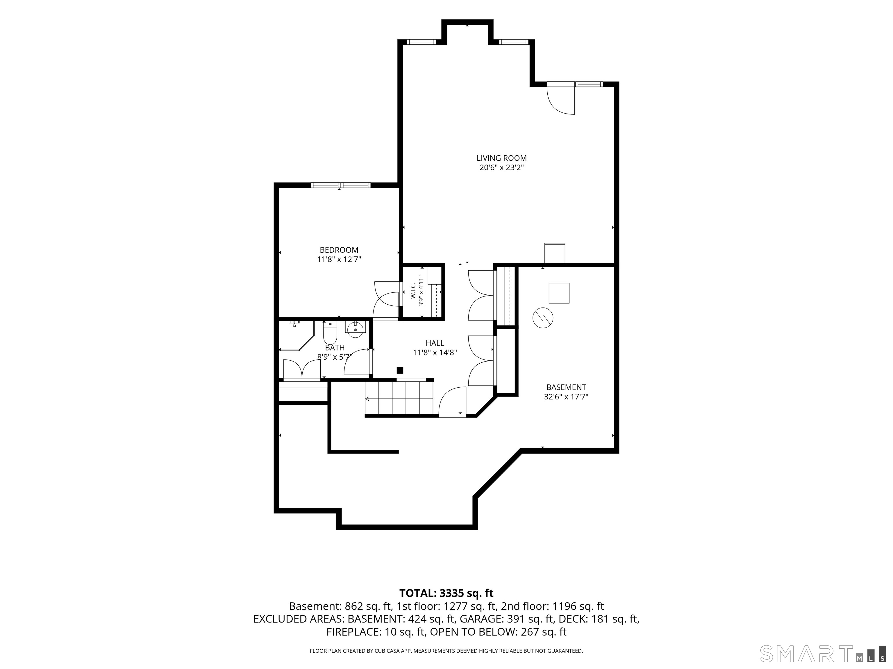 Floor plan showing a living room, bedroom, bathroom, hall, and basement with room dimensions.