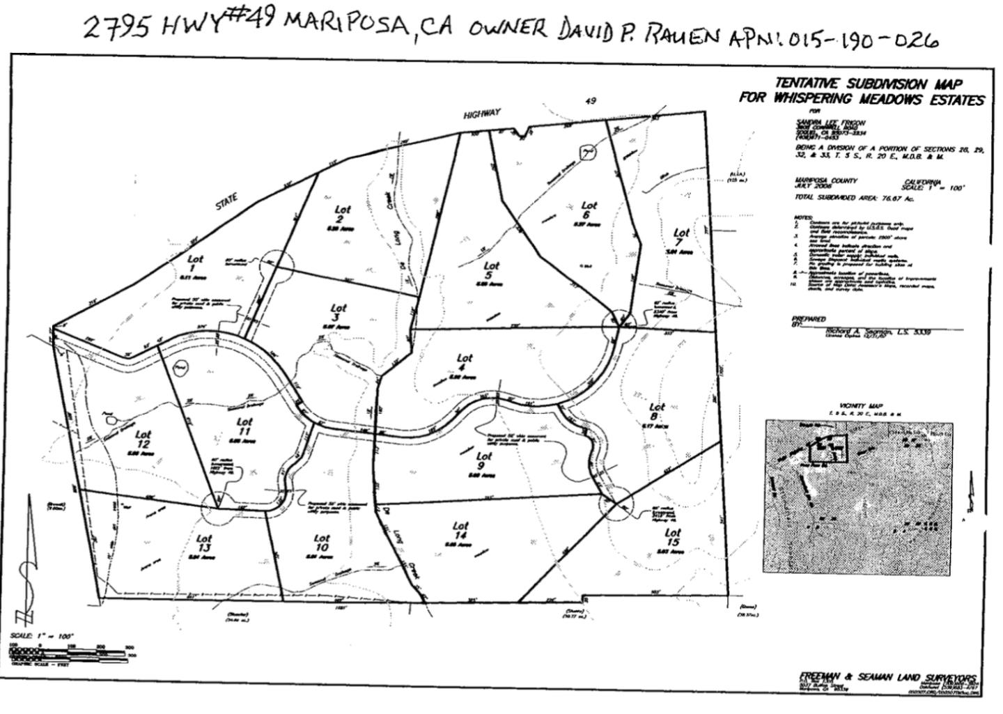 Tentative subdivision map for Whispering Meadows Estates showing 15 lots along Highway 49.