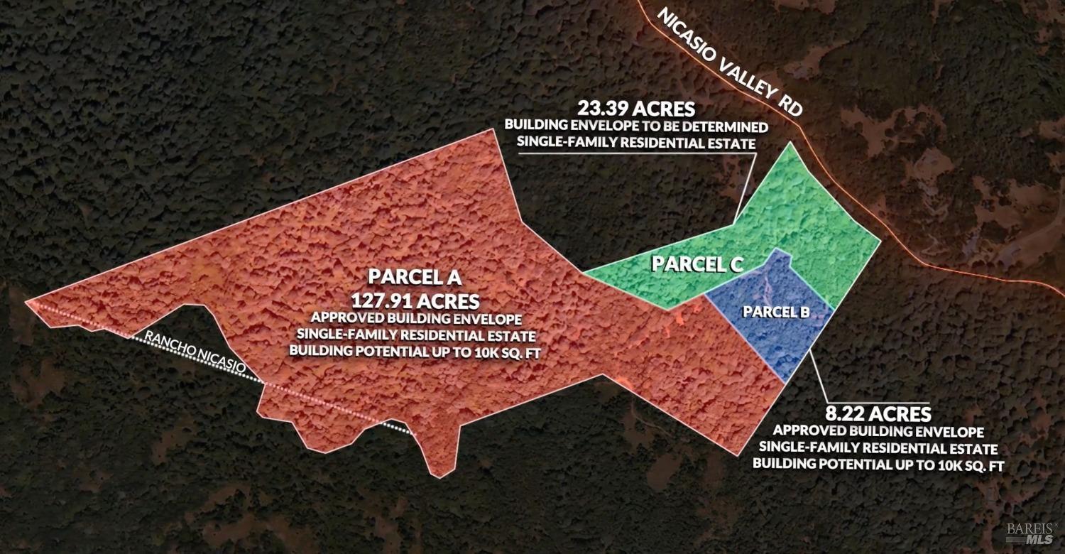 Aerial parcel map showing three outlined, color-coded lots among wooded land along Nicasio Valley Road.