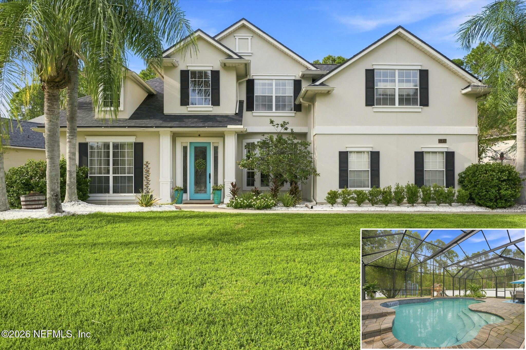 Two-story cream house with turquoise door, palm trees, and lawn; inset shows a screened backyard pool.