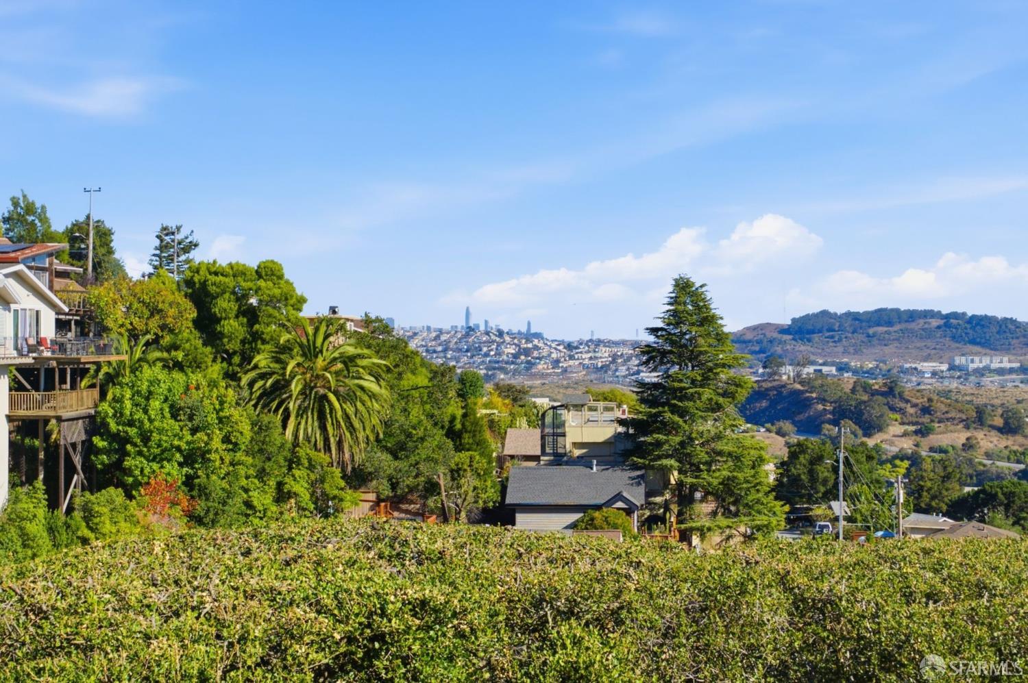 San Francisco skyline viewed beyond Brisbane homes, hills, and a palm tree.