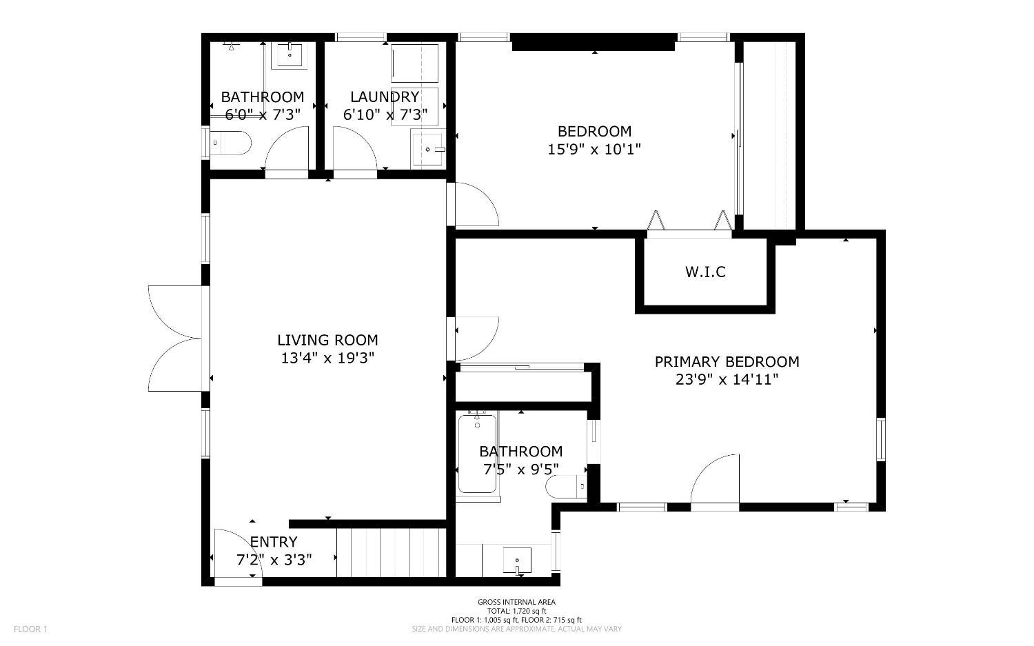 Floor plan showing the living room, two bedrooms, bathrooms, laundry, and walk-in closet.