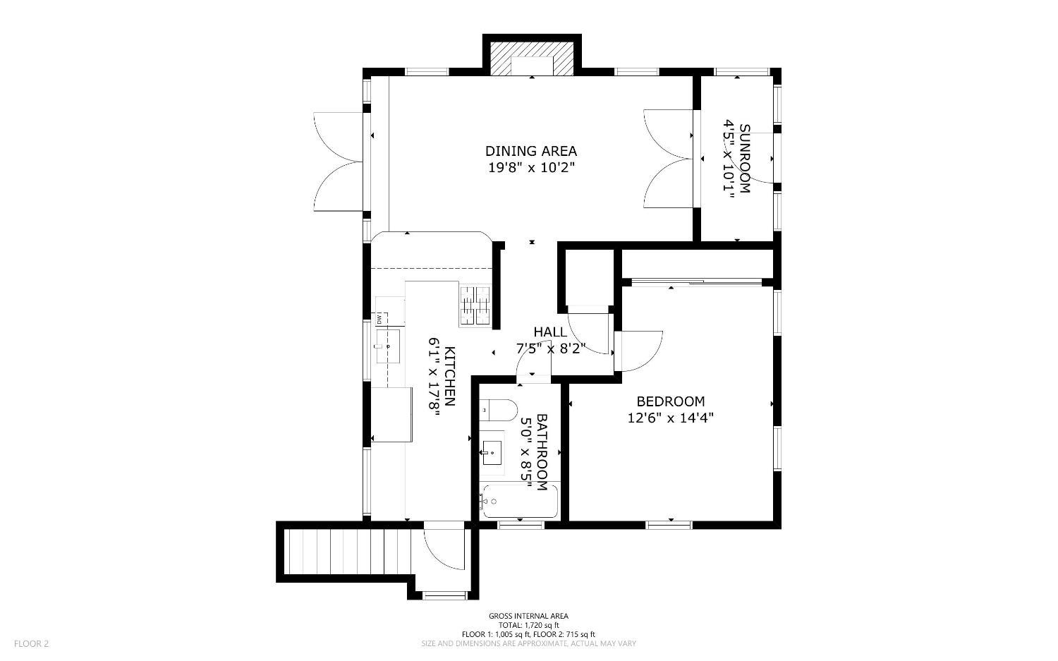 Second-floor plan showing a bedroom, bathroom, kitchen, dining area, and sunroom.