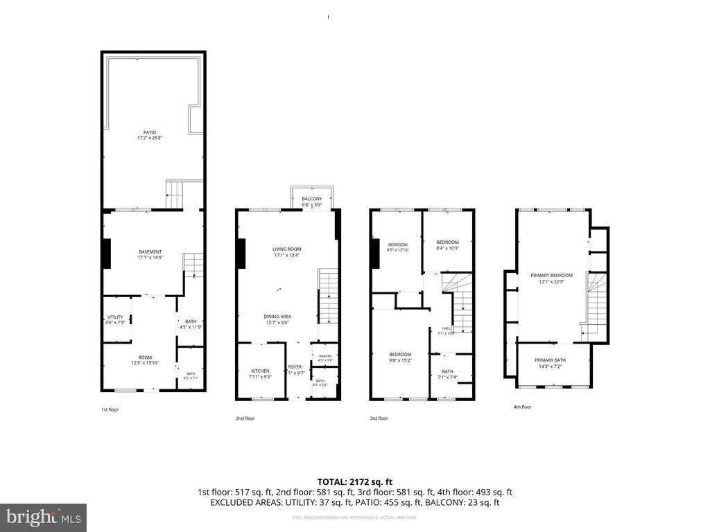 Four-level floor plan showing room layouts and dimensions, with total area of 2,172 square feet.