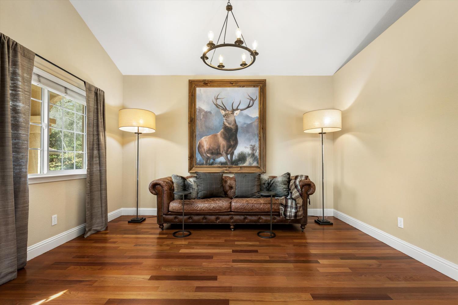 Living room with a leather sofa, stag painting, matching floor lamps, and polished hardwood floors.