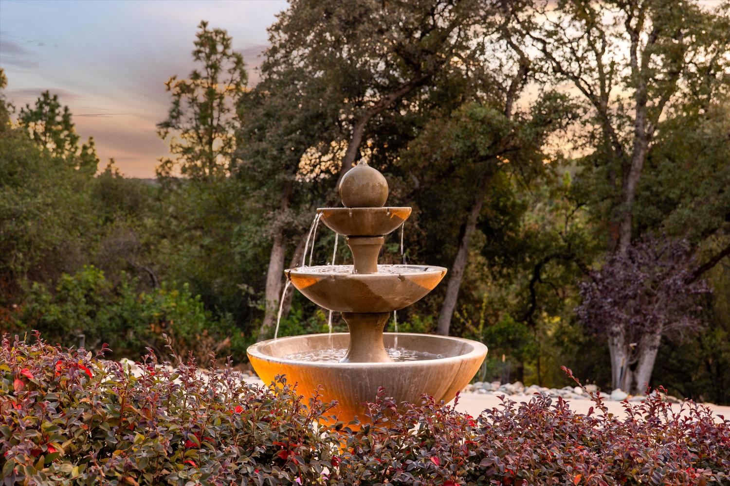 Tiered stone garden fountain surrounded by red-leaved shrubs and mature trees at sunset.