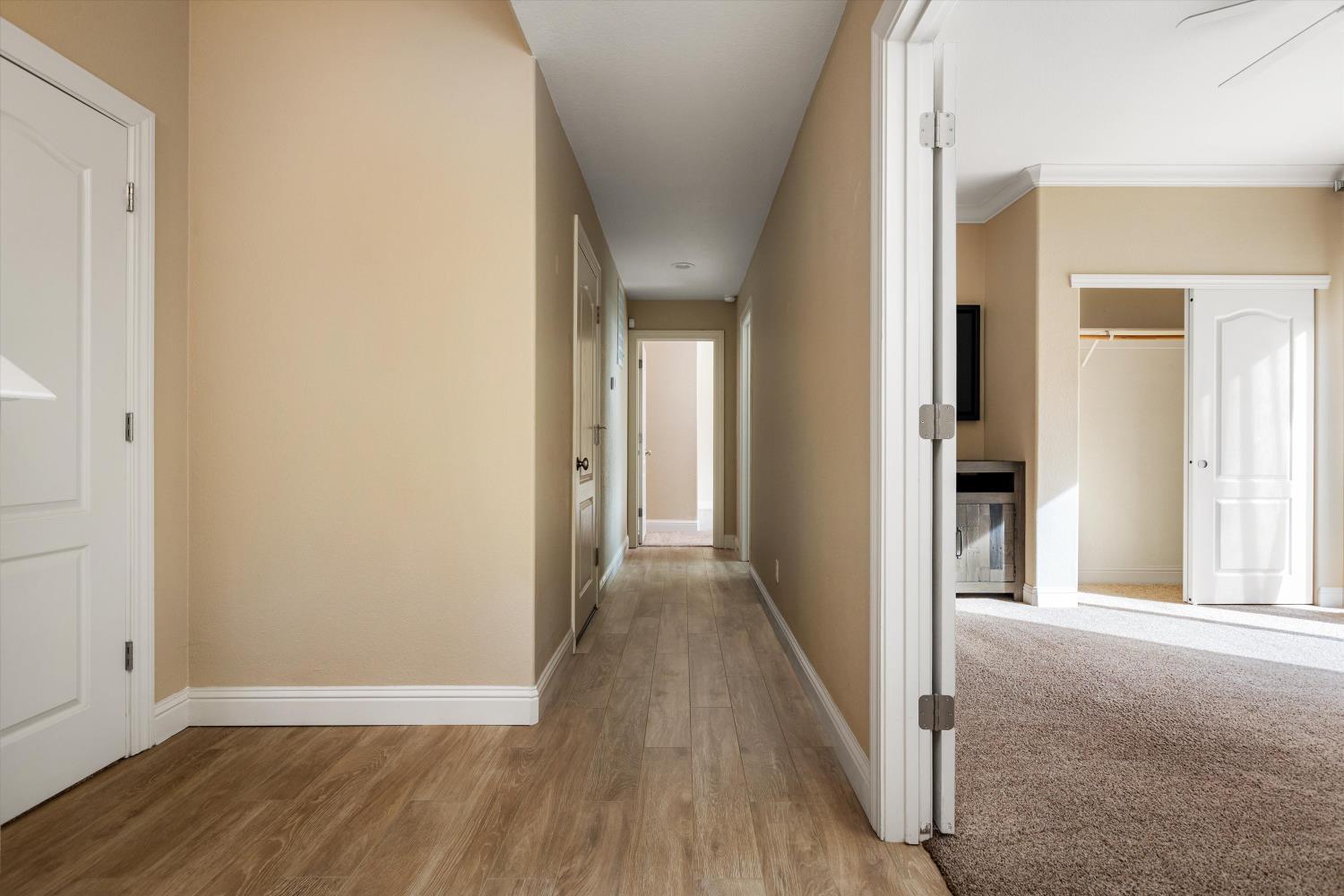 Hallway with wood-look flooring opens to a carpeted bedroom with a fireplace and closet.