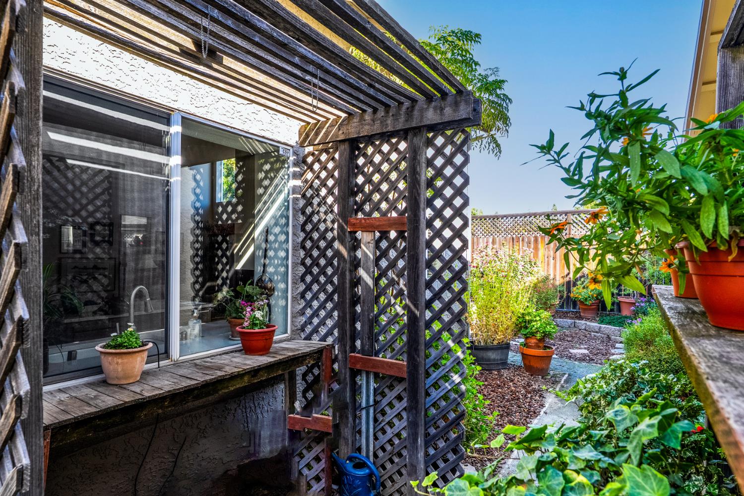 Patio garden beneath a wooden pergola, with potted plants and a path beside sliding glass doors.