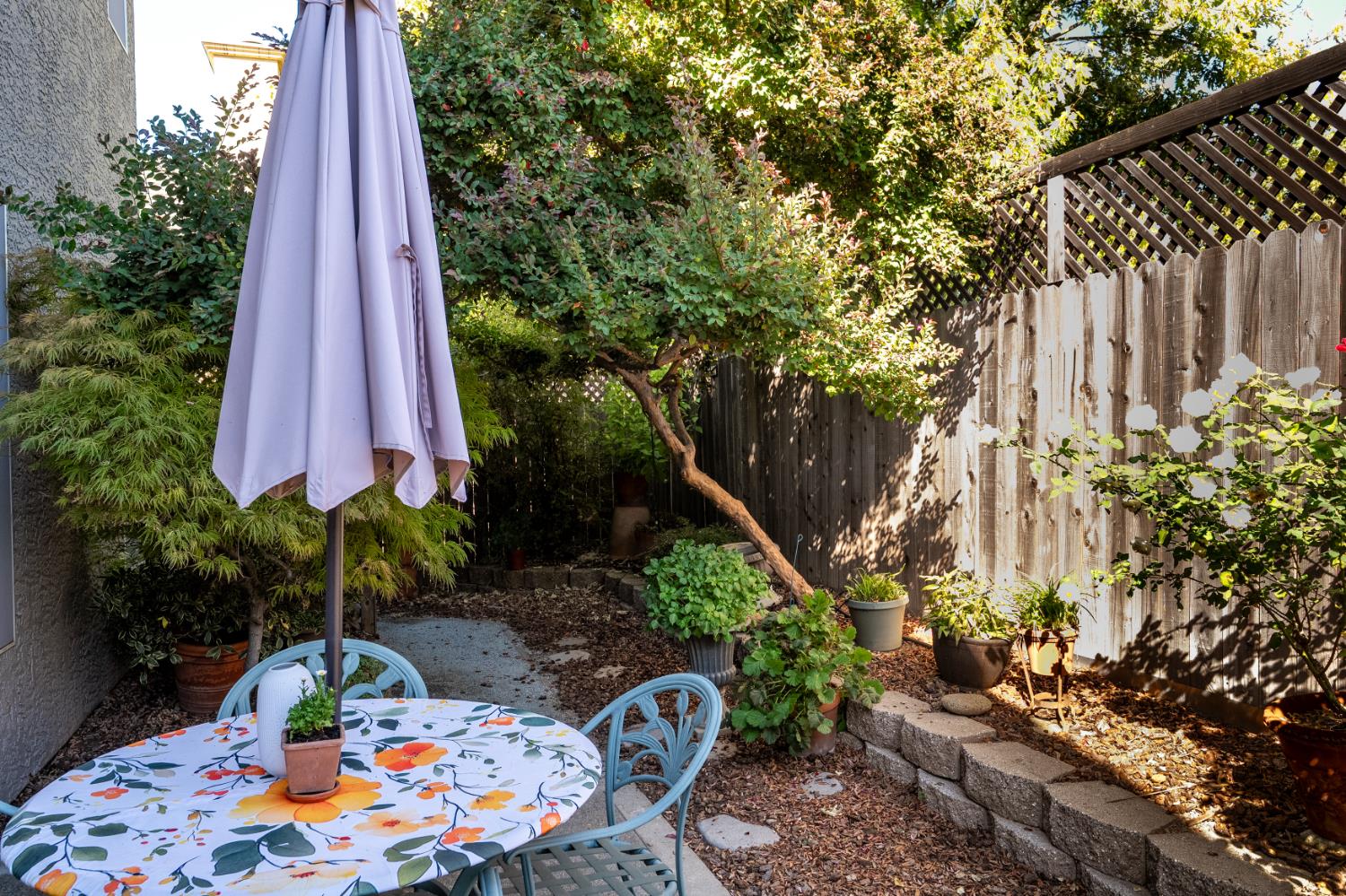 Backyard patio with a floral table, blue chairs, leafy trees, and a winding stone path.