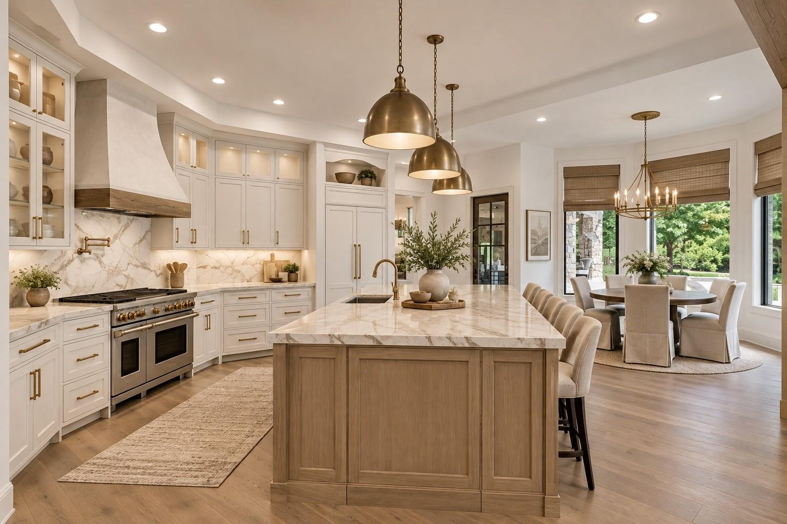 Open kitchen with a marble-topped wood island, brass pendants, and dining area overlooking the garden.