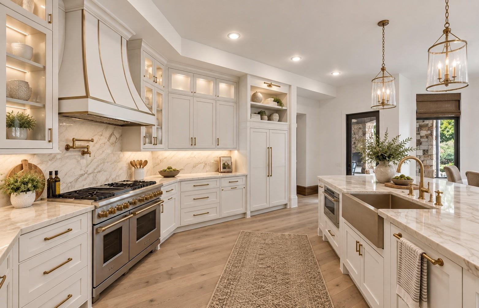 Bright white kitchen with marble island, apron-front sink, brass fixtures, and double ovens.