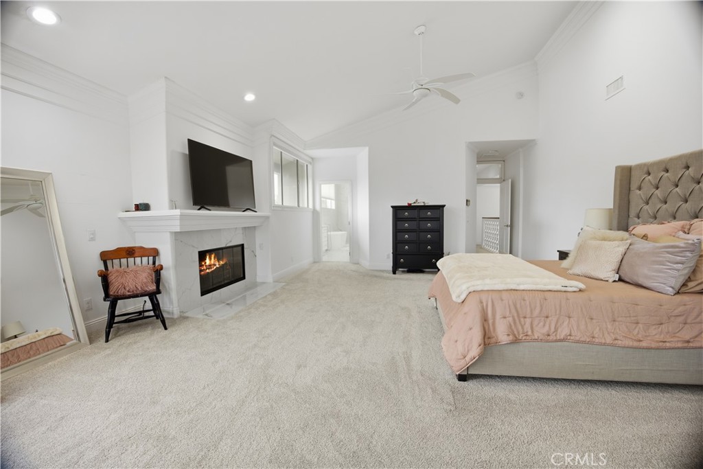 Furnished bedroom with a fireplace, television, tufted bed, and light carpet.
