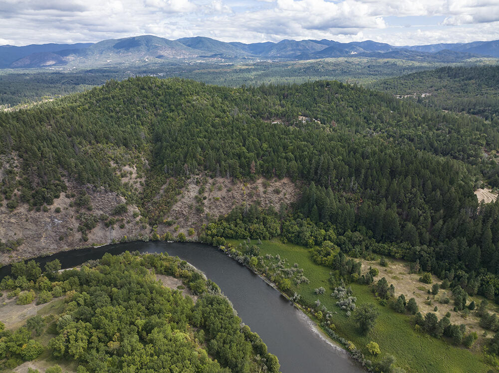Aerial view of a forested hillside above a winding river, with distant mountains.