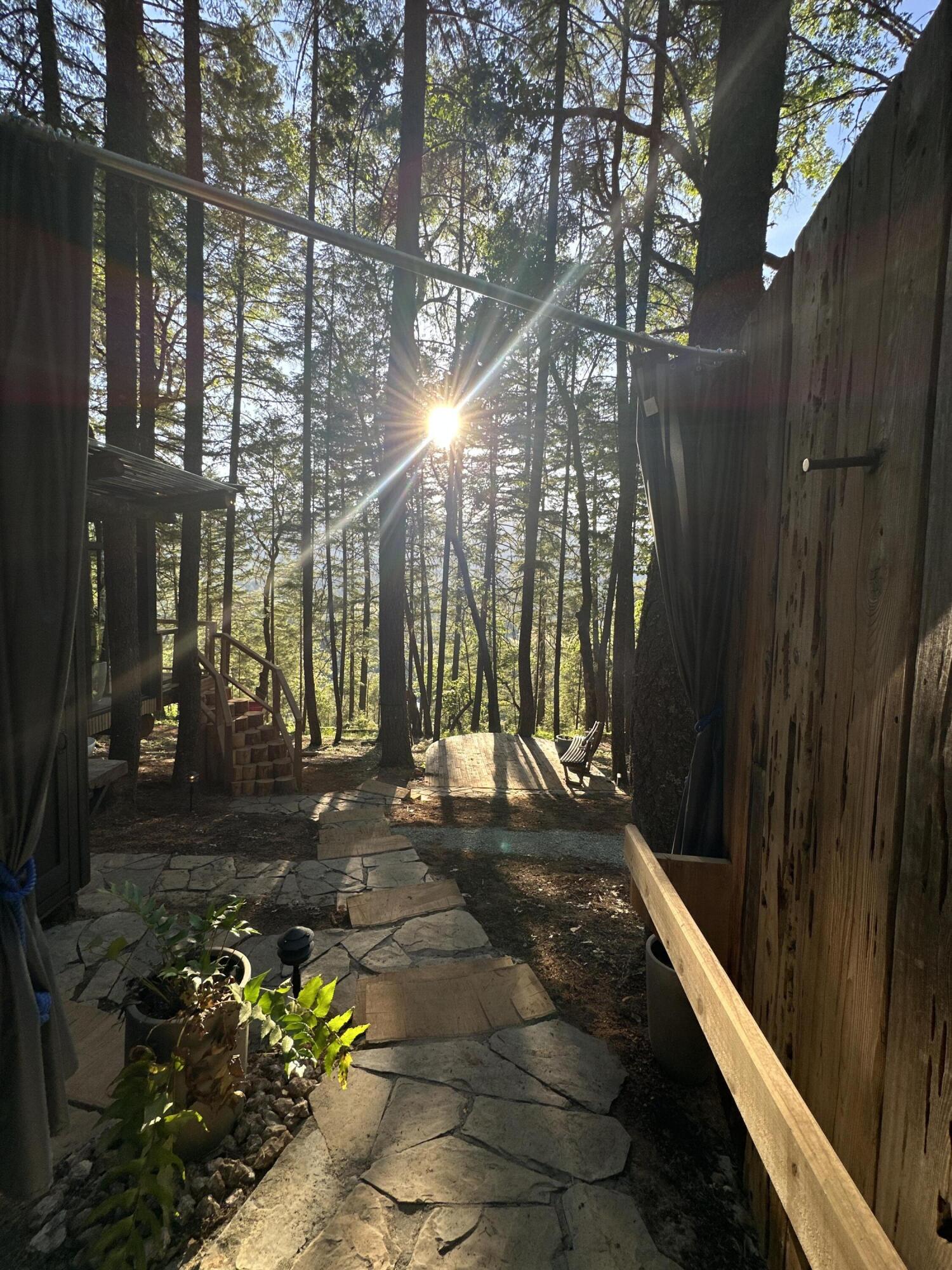 Stone path through a wooded patio toward a small deck, with sunlight filtering through the trees.
