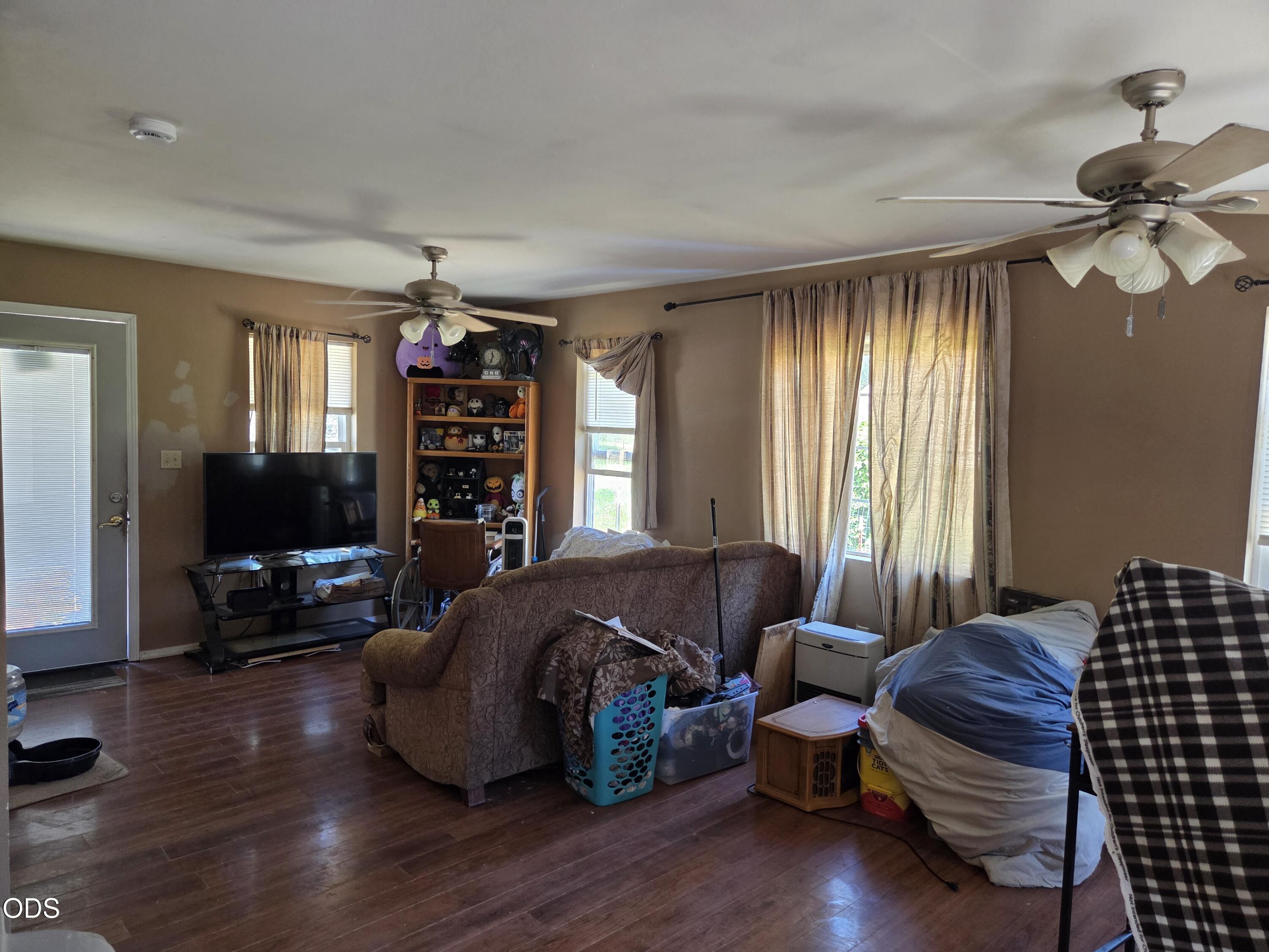 Living room with hardwood floors, a television and collectible display shelf, and a bed beside the sofa.
