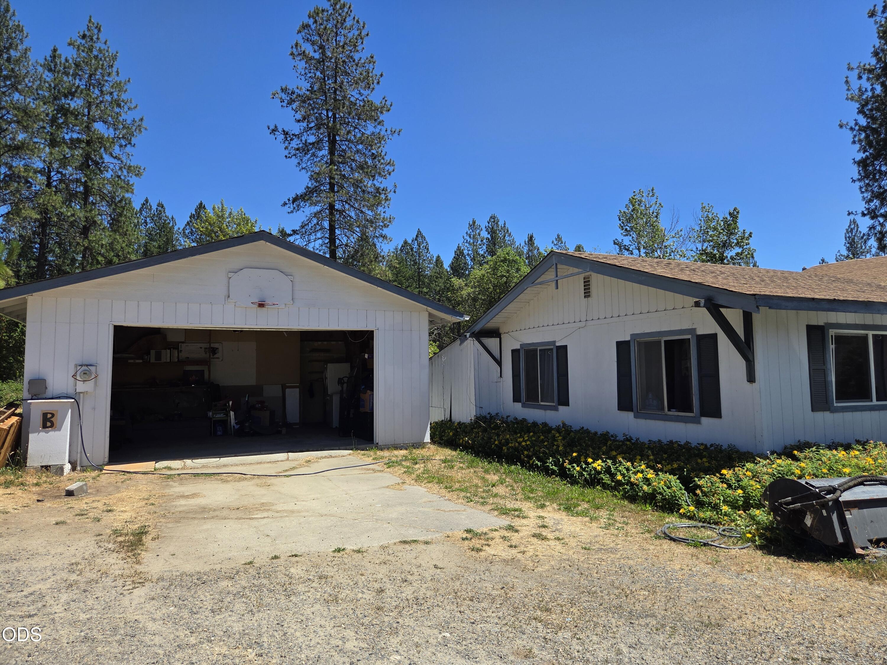 White house beside an open detached garage with a basketball backboard and tall pine trees behind it.