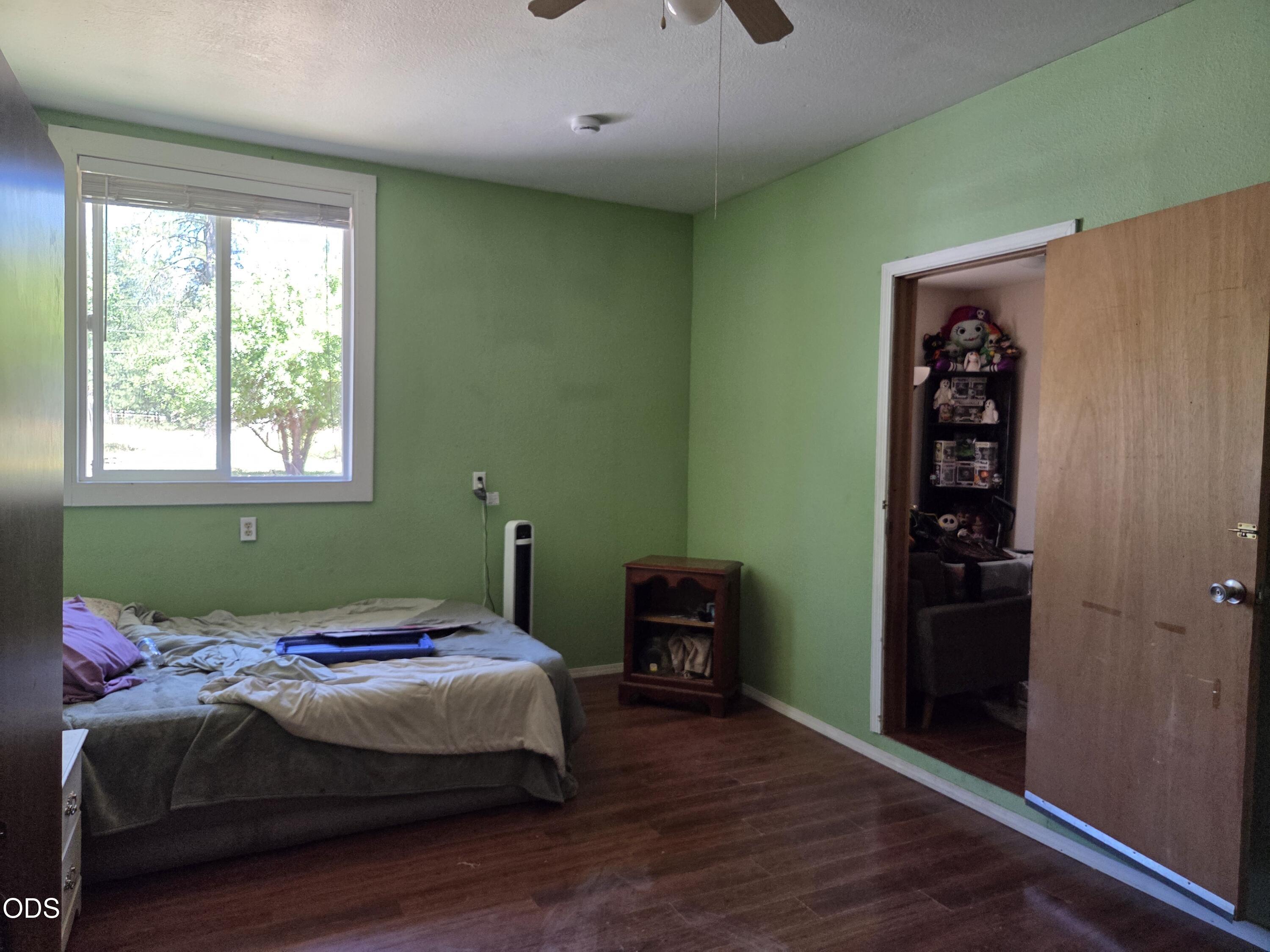 Bedroom with green walls, wood-look flooring, a large window, and an open doorway to a room of collectibles.