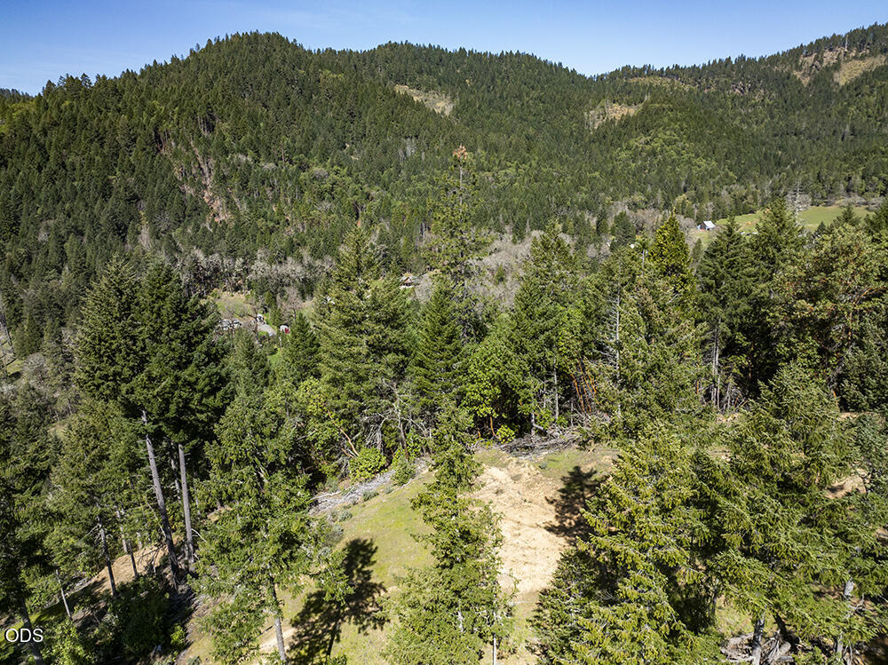 Aerial view of wooded rural land with a sunny clearing and forested hills in the distance.