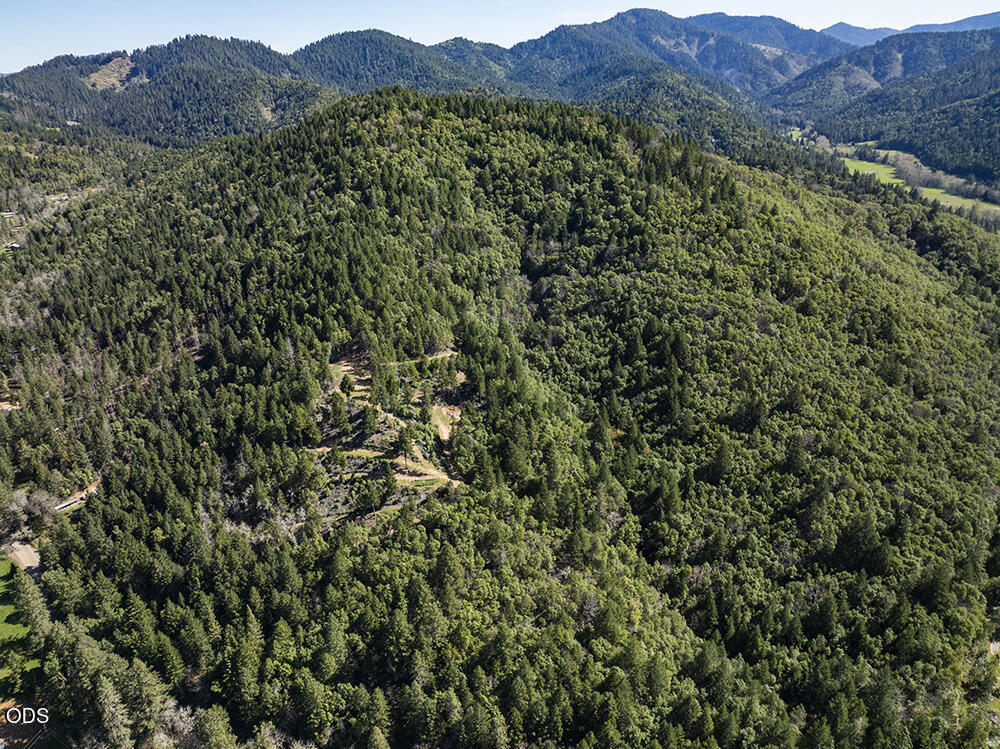 Aerial view of wooded land with a clearing, access roads, and forested mountain ridges.