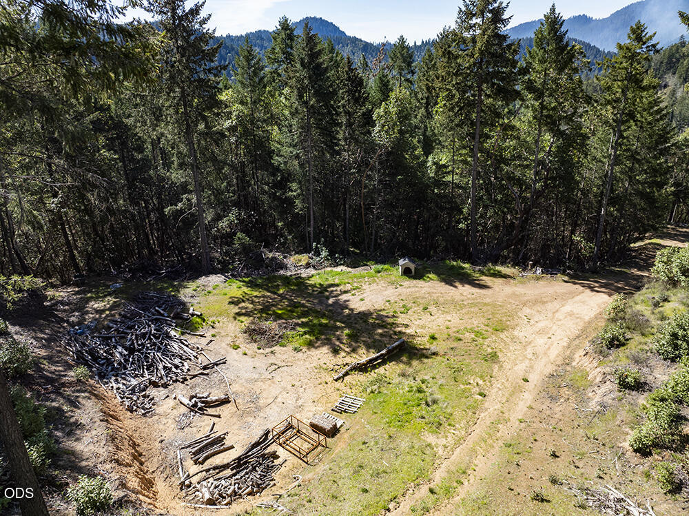 Aerial view of a forest clearing with piles of cut wood, a small kennel, and mountains beyond.