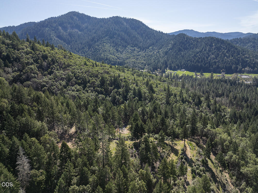 Aerial view of forested mountains and a valley with a small clearing and distant buildings.