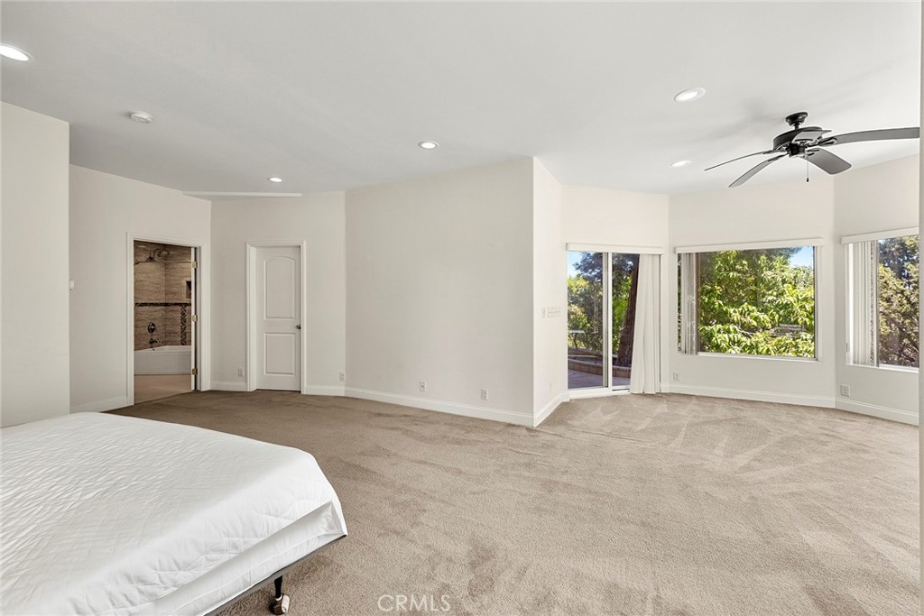 Spacious carpeted bedroom with a ceiling fan and large windows overlooking leafy greenery.