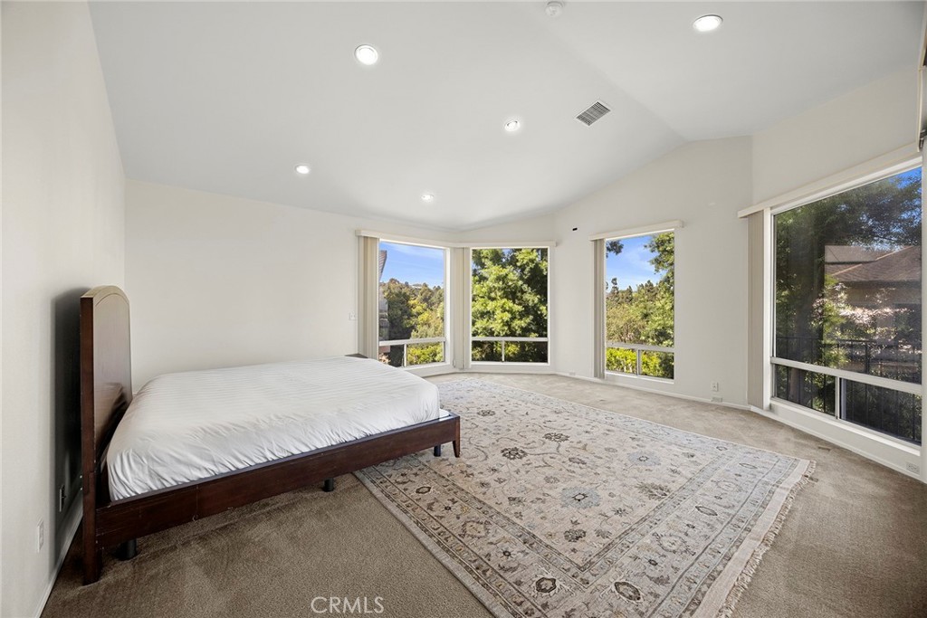 Bright bedroom with a dark wood bed, patterned rug, and tall windows overlooking trees.