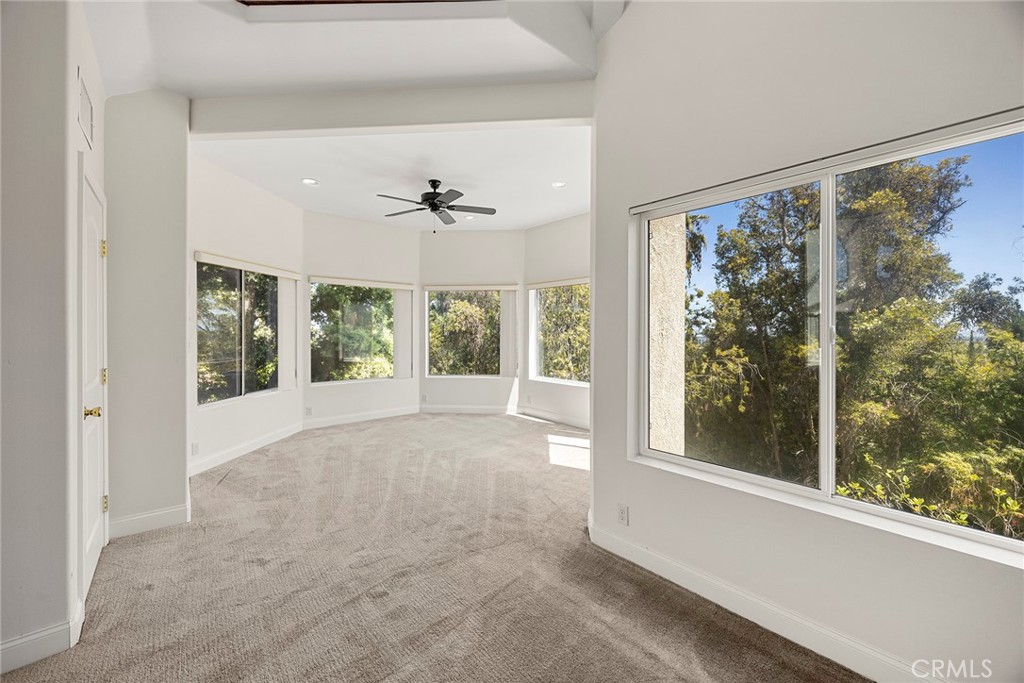 Empty carpeted room with a ceiling fan and large windows overlooking trees.