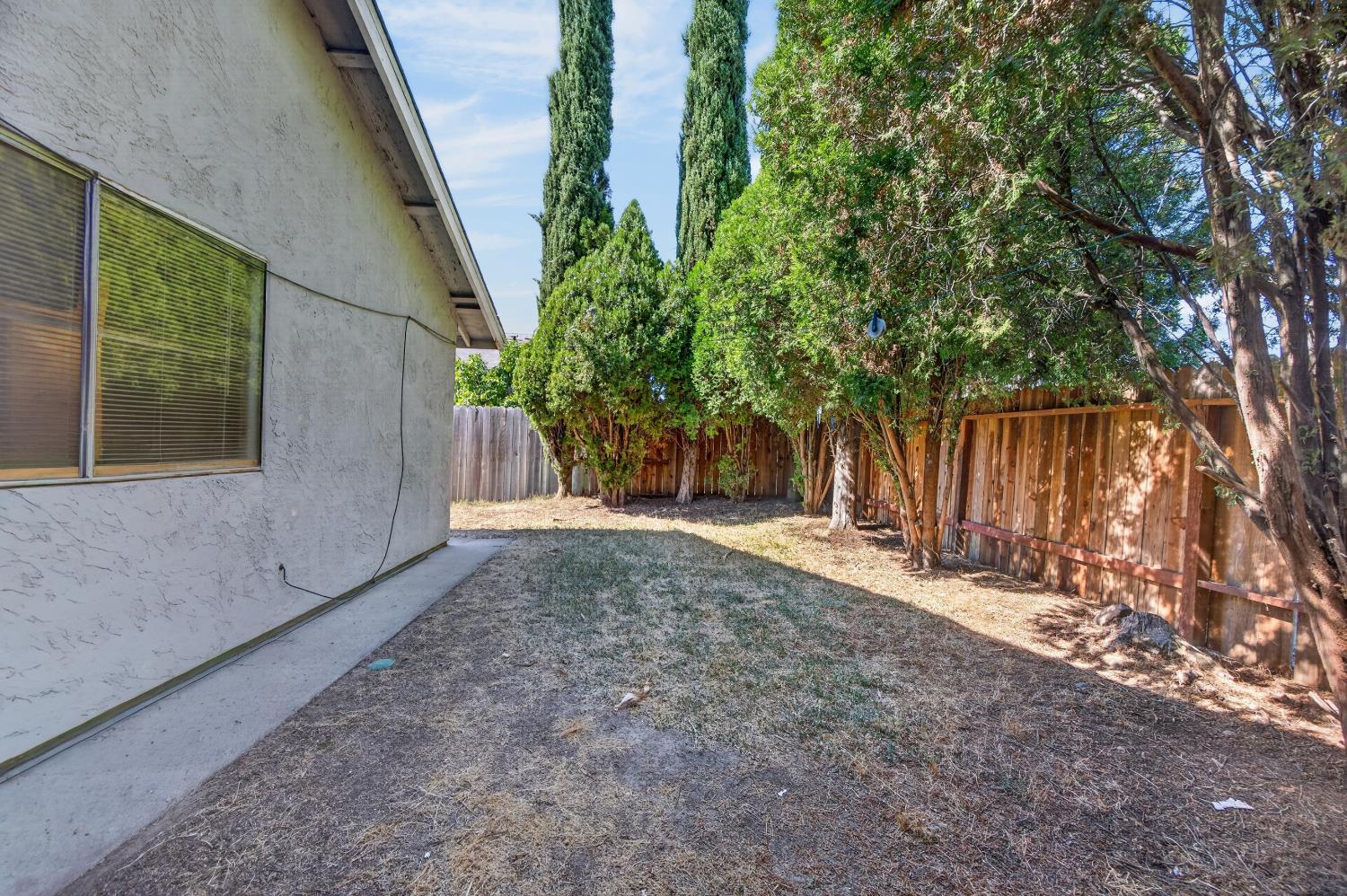 Fenced side yard with mature trees and dry grass beside a stucco house.
