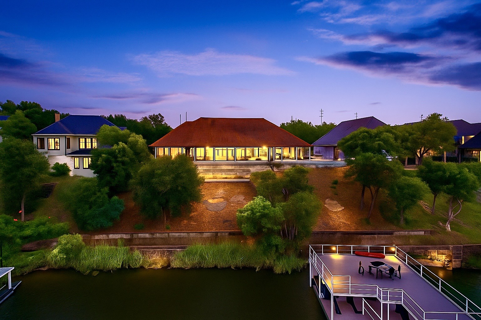 Waterfront home with a red tile roof and illuminated windows above a dock at dusk.