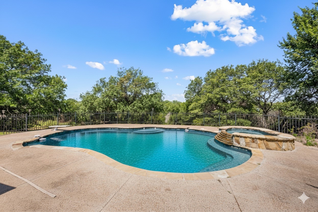 Outdoor swimming pool with a raised stone spa, concrete patio, and fenced tree-lined setting.