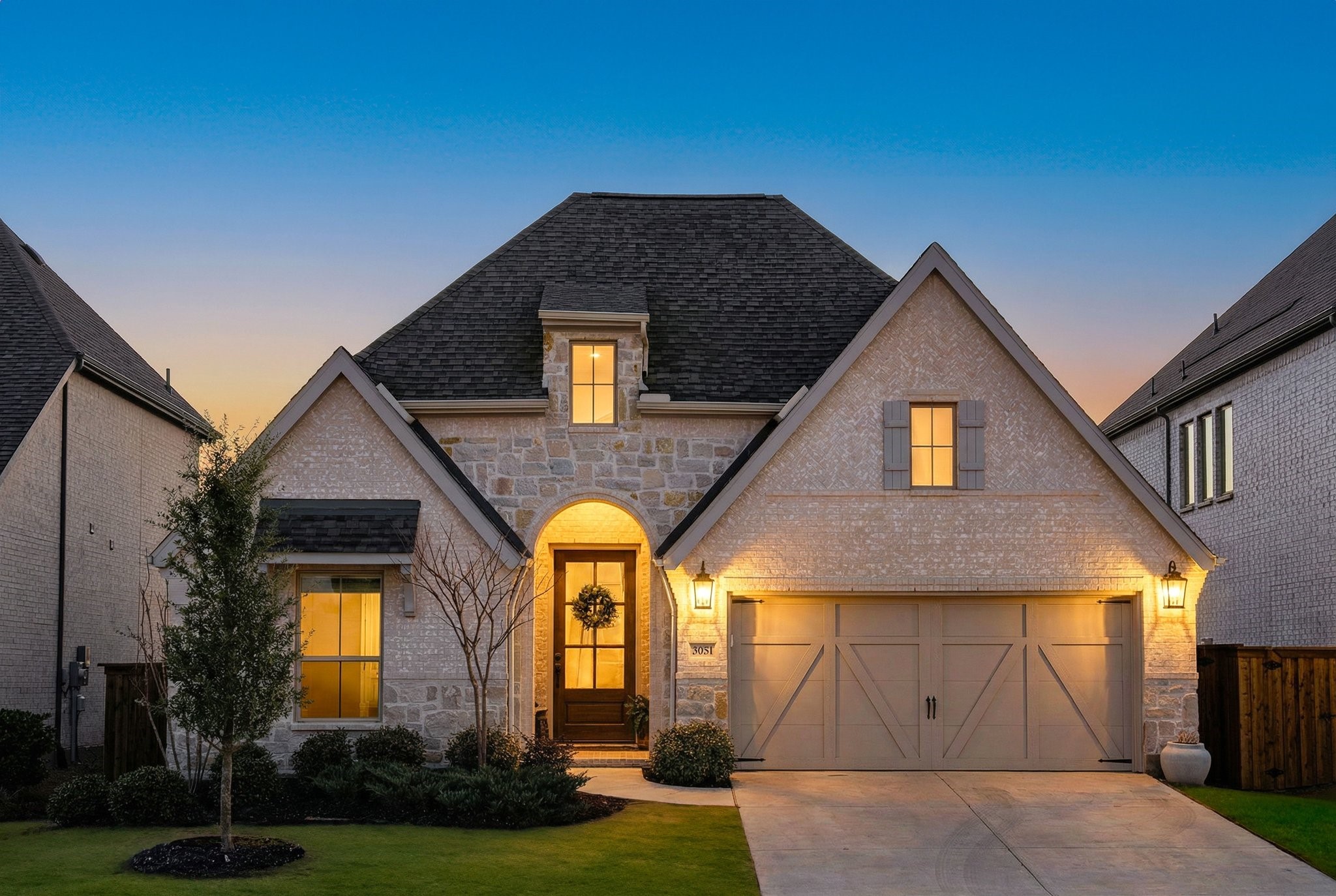 Stone-and-brick house at dusk with a warmly lit arched entry and double garage.