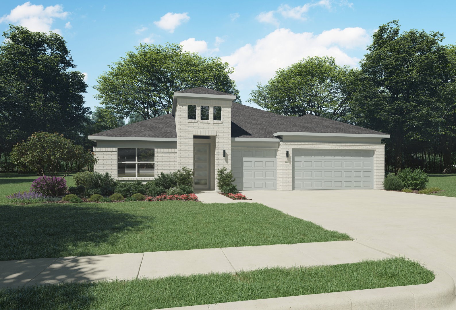 Light brick home with a raised entry tower, two-car garage, and landscaped front lawn.