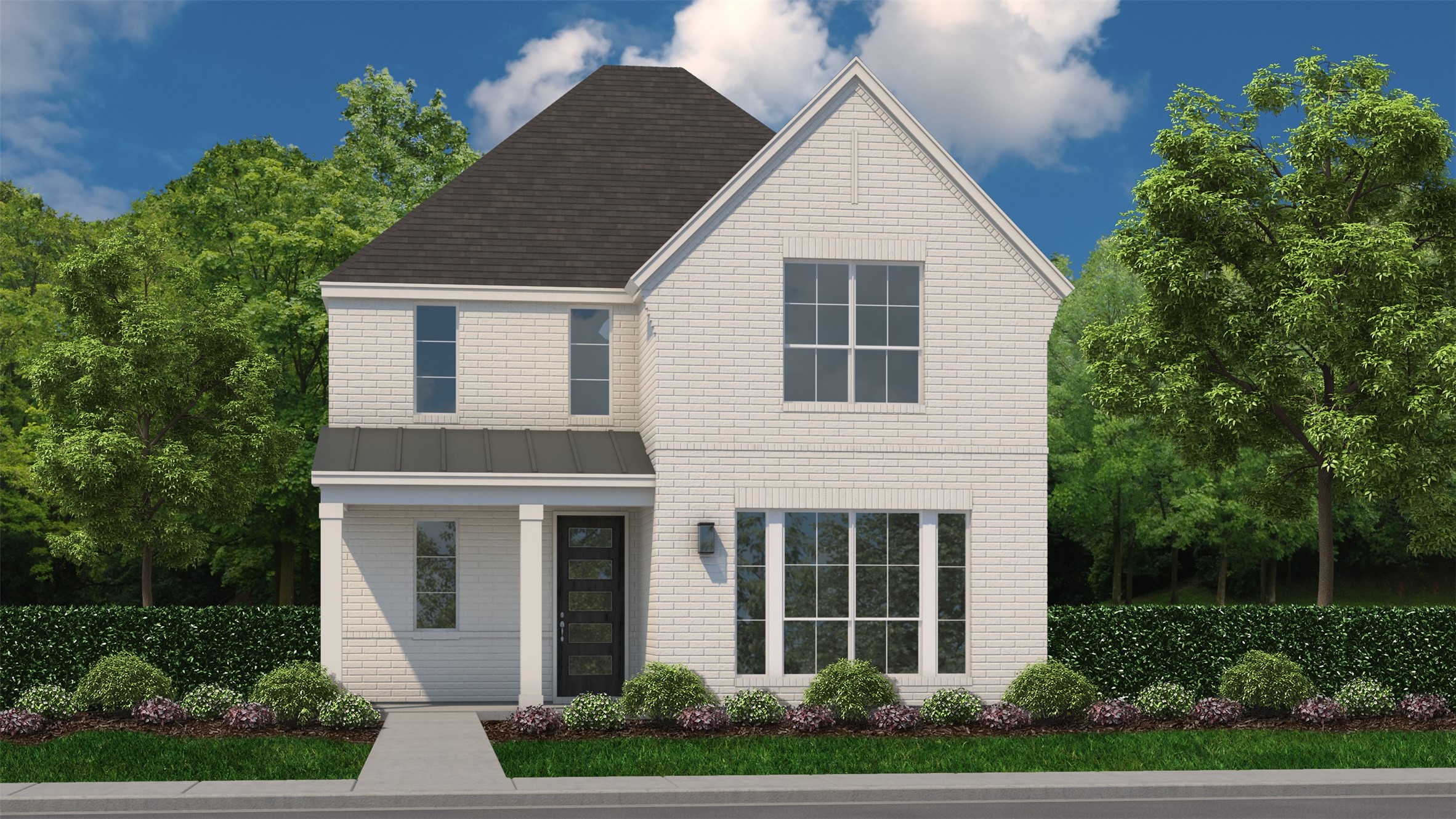 Two-story white brick house with a dark gabled roof, large windows, and landscaped front yard.